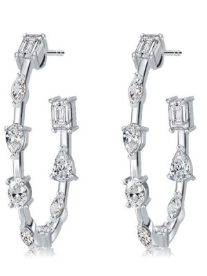 White Sapphire Hoop Earrings for Women - Sterling Silver Plated