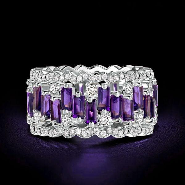 12.50 CTW Baguette Cut Amethyst Multi-Row Eternity Band in Sterling Silver