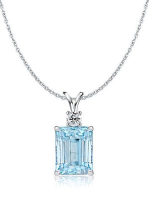 Emerald Cut Aquamarine Pendant Necklace - 925 Sterling Silver