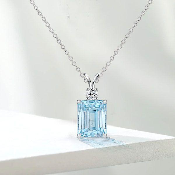 Emerald Cut Aquamarine Pendant Necklace - 925 Sterling Silver