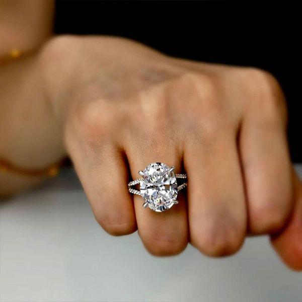 Oval Split Shank White Sapphire Engagement Ring - Sterling Silver