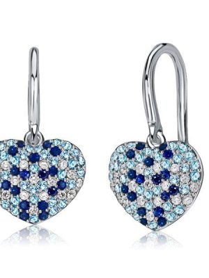 Aquamarine & Blue Sapphire Heart Drop Earrings - Sterling Silver Micro-Pave
