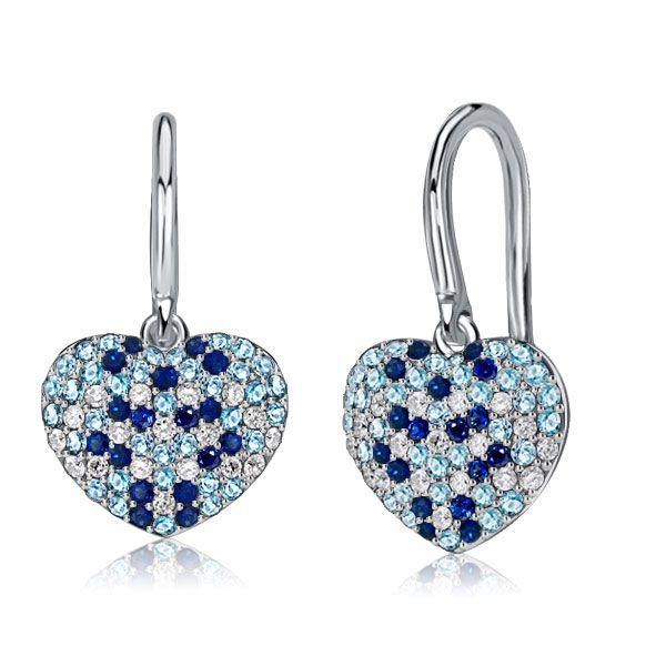 Aquamarine & Blue Sapphire Heart Drop Earrings - Sterling Silver Micro-Pave