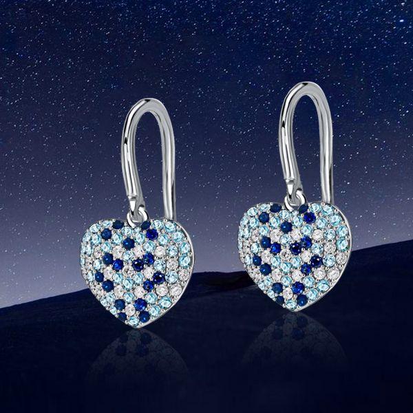 Aquamarine & Blue Sapphire Heart Drop Earrings - Sterling Silver Micro-Pave