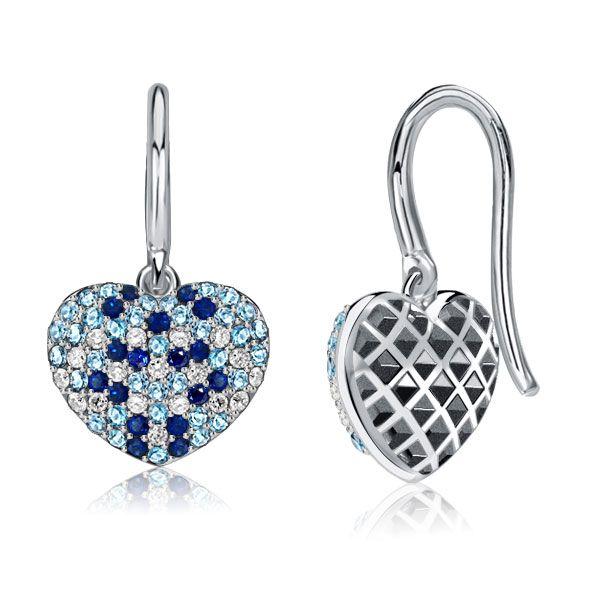 Aquamarine & Blue Sapphire Heart Drop Earrings - Sterling Silver Micro-Pave