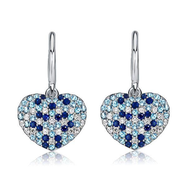 Aquamarine & Blue Sapphire Heart Drop Earrings - Sterling Silver Micro-Pave