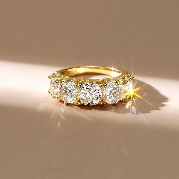 Cushion Cut 5 Stone Half Eternity Band - 18K Gold Plated Sterling Silver Anniversary Ring