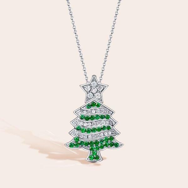Sterling Silver Christmas Tree Necklace for Women | Rhodium Plated Pendant