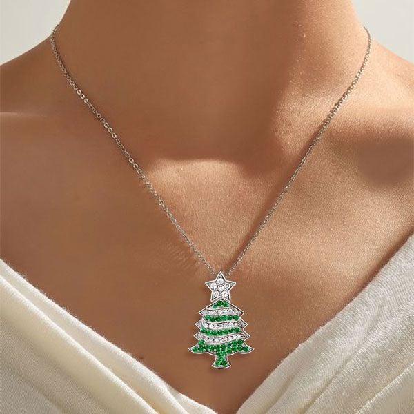 Sterling Silver Christmas Tree Necklace for Women | Rhodium Plated Pendant