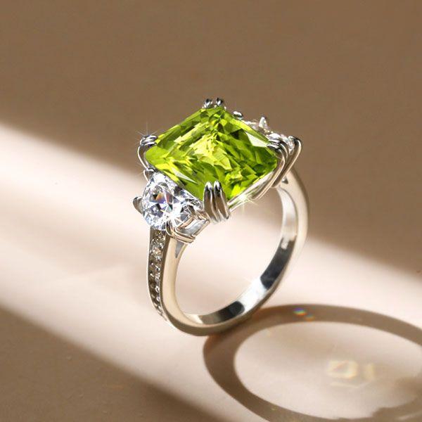 Radiant Cut Peridot Engagement Ring - 925 Sterling Silver