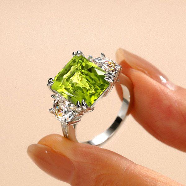Radiant Cut Peridot Engagement Ring - 925 Sterling Silver