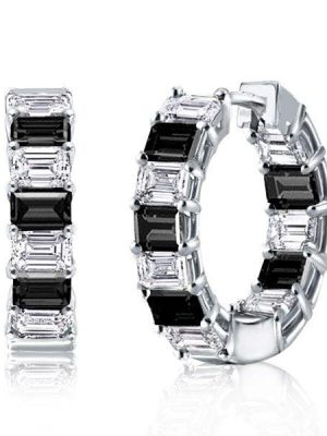 Sterling Silver Emerald Cut Hoop Earrings for Women, Rhodium Plated