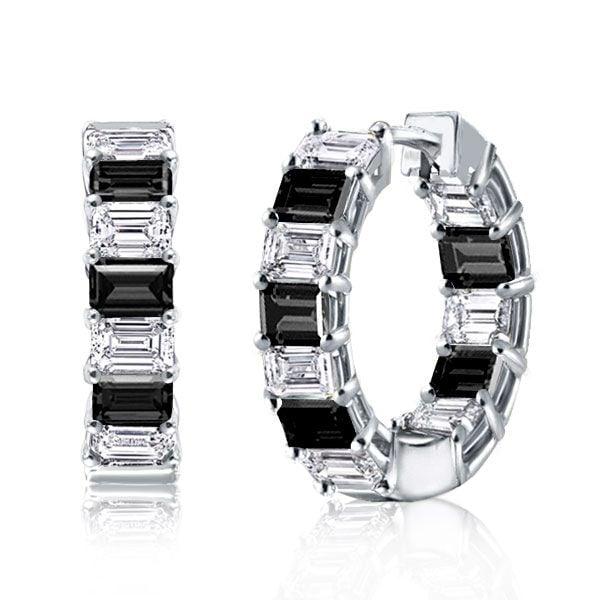 Sterling Silver Emerald Cut Hoop Earrings for Women, Rhodium Plated