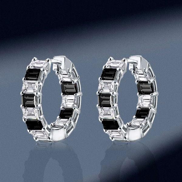 Sterling Silver Emerald Cut Hoop Earrings for Women, Rhodium Plated
