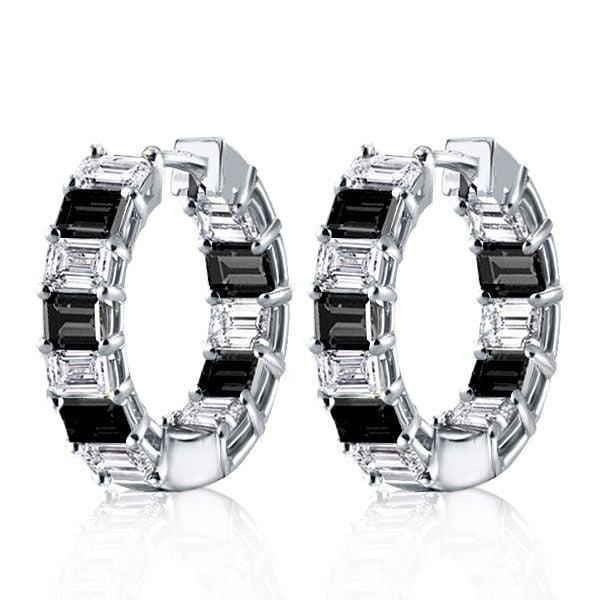 Sterling Silver Emerald Cut Hoop Earrings for Women, Rhodium Plated