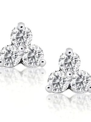 Three Stone Round Cut Stud Earrings in Rhodium Plated 925 Sterling Silver