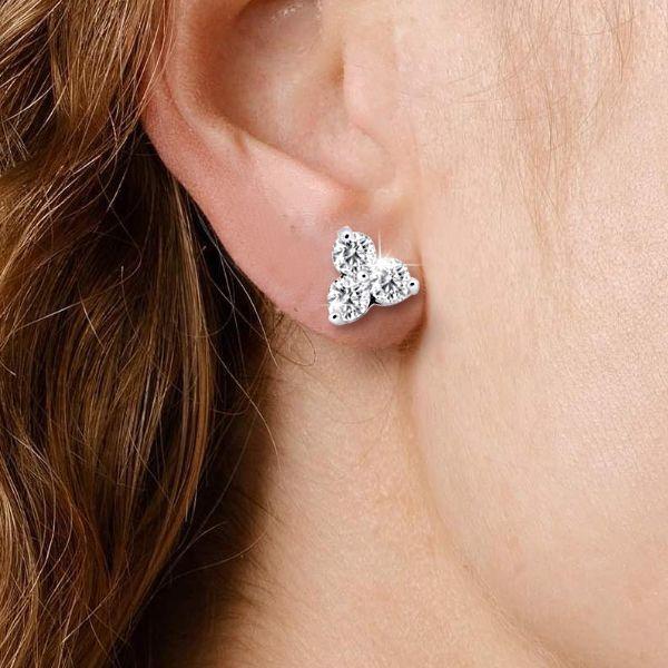 Three Stone Round Cut Stud Earrings in Rhodium Plated 925 Sterling Silver