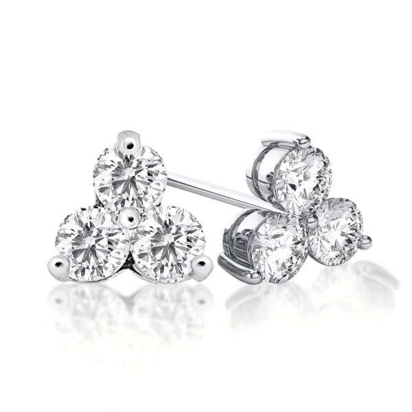 Three Stone Round Cut Stud Earrings in Rhodium Plated 925 Sterling Silver