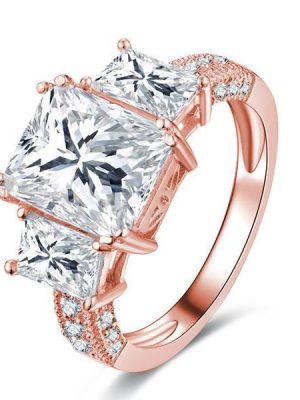 Rose Gold Three Stone White Sapphire Engagement Ring - 18K Rose Gold Plated Sterling Silver