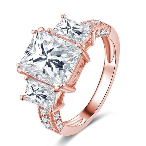 Rose Gold Three Stone White Sapphire Engagement Ring - 18K Rose Gold Plated Sterling Silver