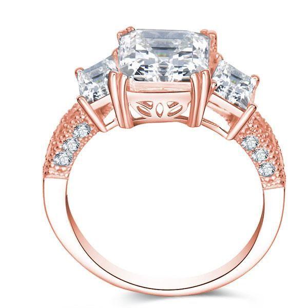 Rose Gold Three Stone White Sapphire Engagement Ring - 18K Rose Gold Plated Sterling Silver