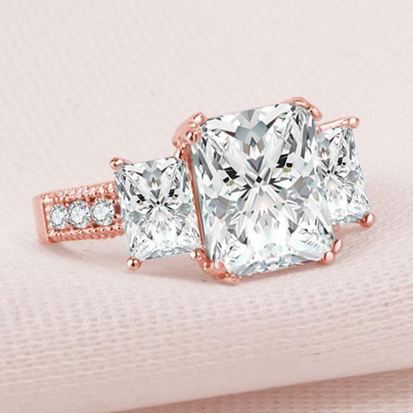 Rose Gold Three Stone White Sapphire Engagement Ring - 18K Rose Gold Plated Sterling Silver