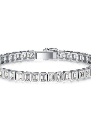 Emerald Cut White Sapphire Tennis Bracelet - Sterling Silver Bezel Setting