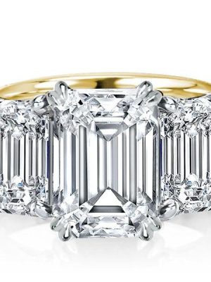 Emerald Cut Three Stone Engagement Ring in Two Tone Sterling Silver, 10.35 CTW