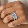 Emerald Cut Three Stone Engagement Ring in Two Tone Sterling Silver, 10.35 CTW