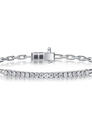 White Sapphire Paperclip Tennis Bracelet in Rhodium Plated Sterling Silver