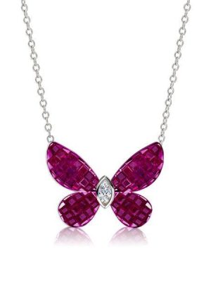 Dancing Butterfly Ruby & Sapphire Pendant Necklace - Sterling Silver