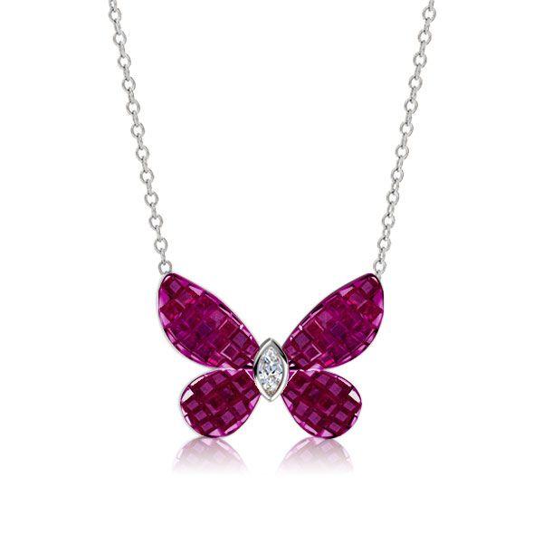 Dancing Butterfly Ruby & Sapphire Pendant Necklace - Sterling Silver