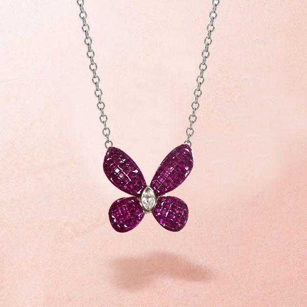 Dancing Butterfly Ruby & Sapphire Pendant Necklace - Sterling Silver