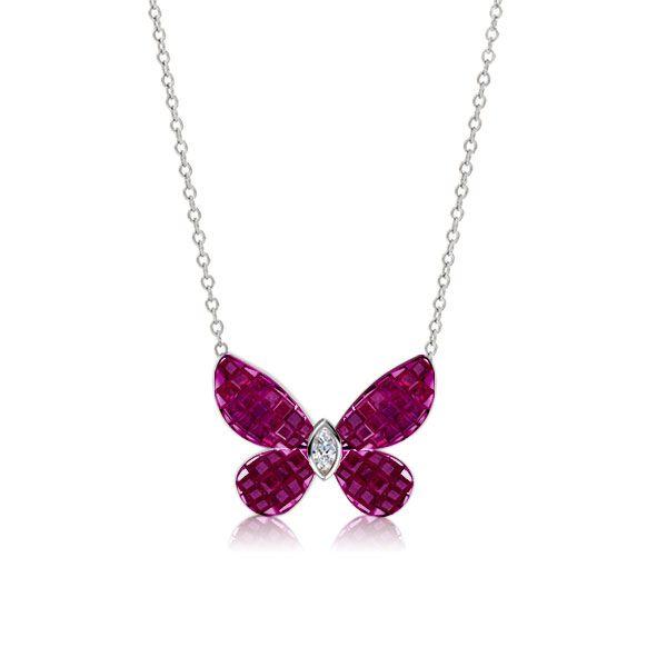 Dancing Butterfly Ruby & Sapphire Pendant Necklace - Sterling Silver