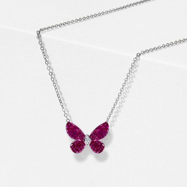 Dancing Butterfly Ruby & Sapphire Pendant Necklace - Sterling Silver
