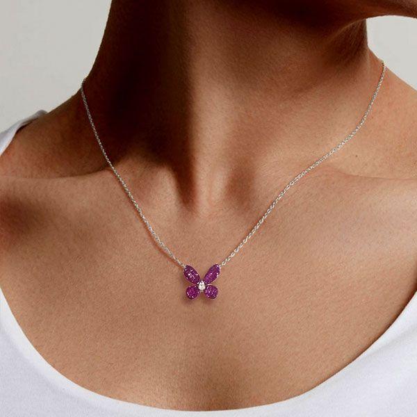 Dancing Butterfly Ruby & Sapphire Pendant Necklace - Sterling Silver