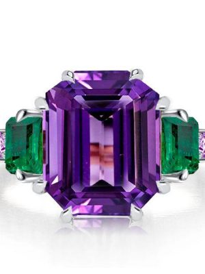 Amethyst Engagement Ring, 925 Sterling Silver, Three Stone Design