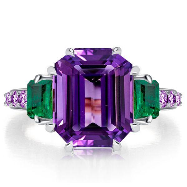 Amethyst Engagement Ring, 925 Sterling Silver, Three Stone Design