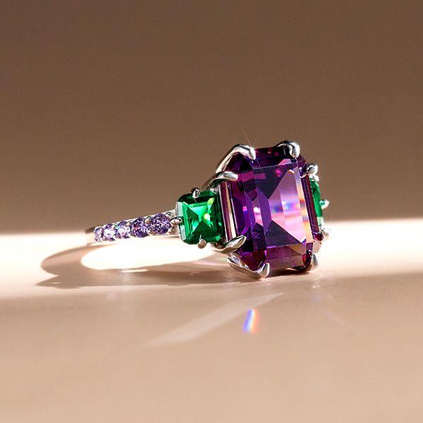 Amethyst Engagement Ring, 925 Sterling Silver, Three Stone Design