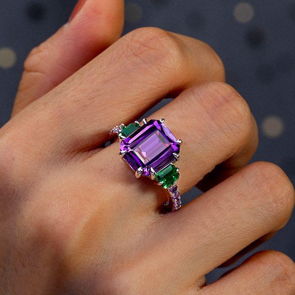Amethyst Engagement Ring, 925 Sterling Silver, Three Stone Design