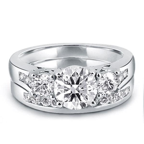 Three Stone Created White Sapphire Bridal Ring Set in 925 Sterling Silver