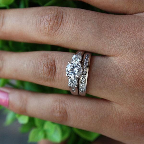 Three Stone Created White Sapphire Bridal Ring Set in 925 Sterling Silver