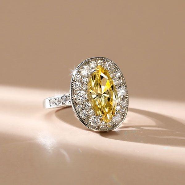 925 Sterling Silver Yellow Topaz Marquise Cut Halo Engagement Ring with 3.69 CT. TW. Stones