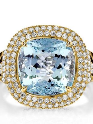 Aquamarine Cushion Cut Sterling Silver Ring - Dripping Halo Engagement Ring for Women
