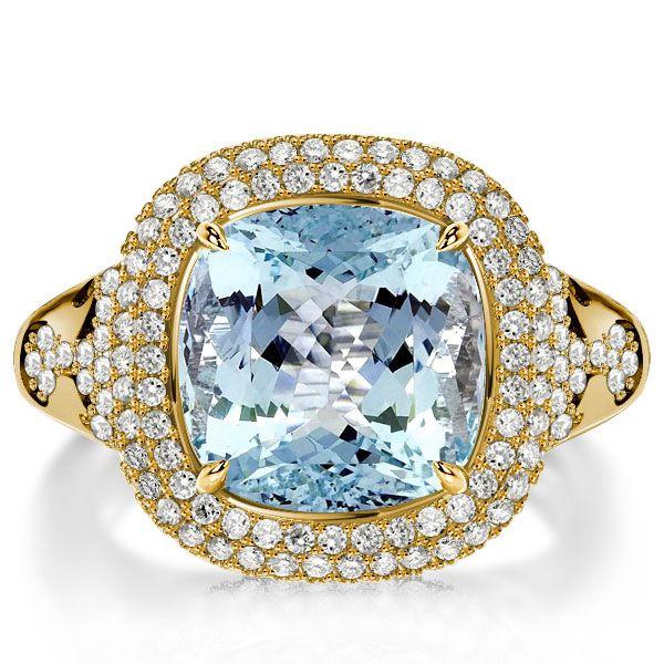 Aquamarine Cushion Cut Sterling Silver Ring - Dripping Halo Engagement Ring for Women