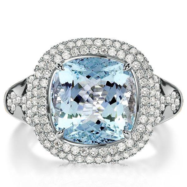 Aquamarine Cushion Cut Sterling Silver Ring - Dripping Halo Engagement Ring for Women