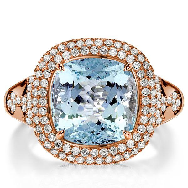 Aquamarine Cushion Cut Sterling Silver Ring - Dripping Halo Engagement Ring for Women