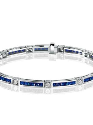 Princess Cut Blue Sapphire Tennis Bracelet in Rhodium-Plated 925 Sterling Silver