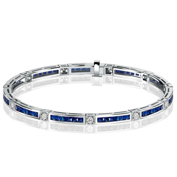 Princess Cut Blue Sapphire Tennis Bracelet in Rhodium-Plated 925 Sterling Silver