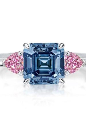 Three Stone Blue Topaz Engagement Ring in 925 Sterling Silver with Asscher and Heart Cut Stones